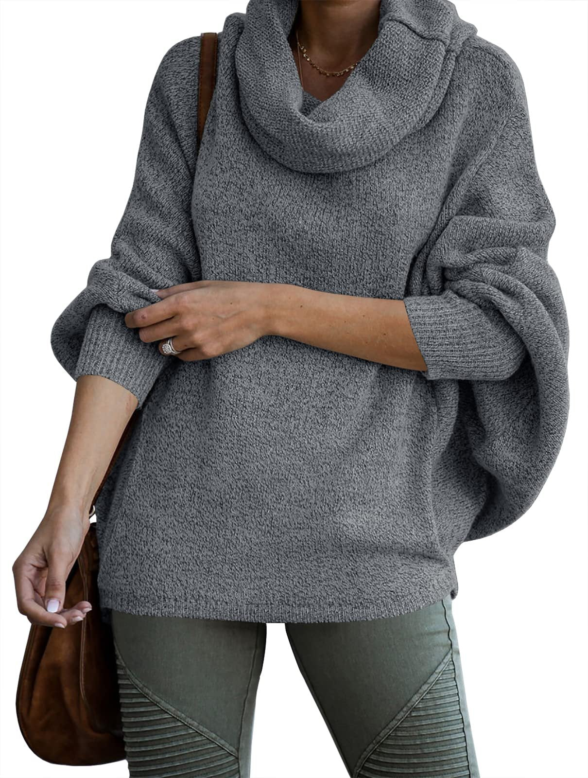 Women's Cowl Neck Batwing Sleeve Pullover Sweater with Pockets