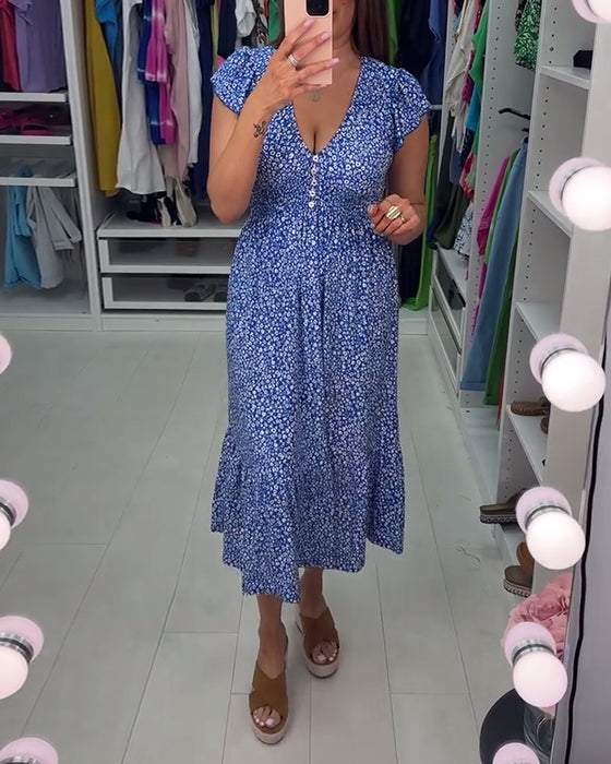 Blue V-Neck Short Sleeve Midi Dress