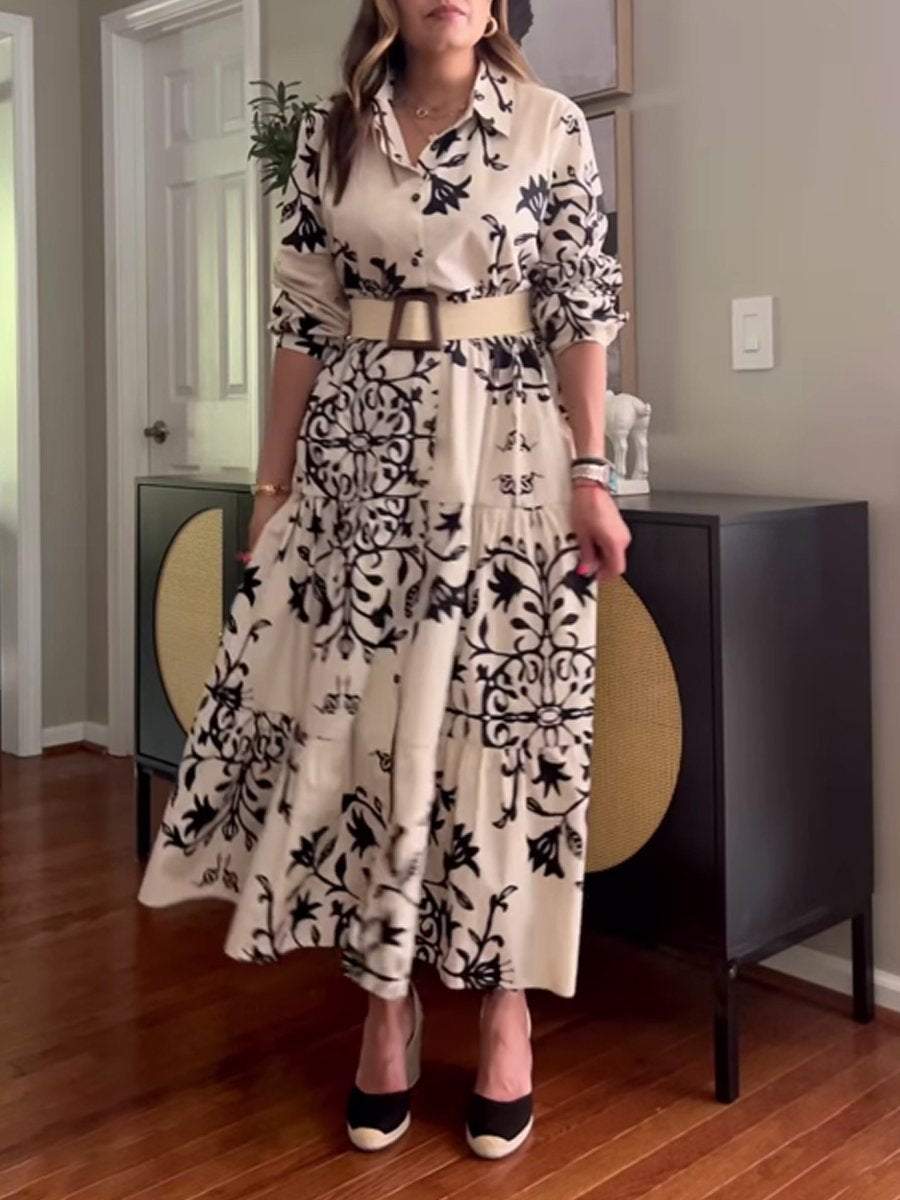 Stylish Collared Printed Long Sleeve Maxi Dress