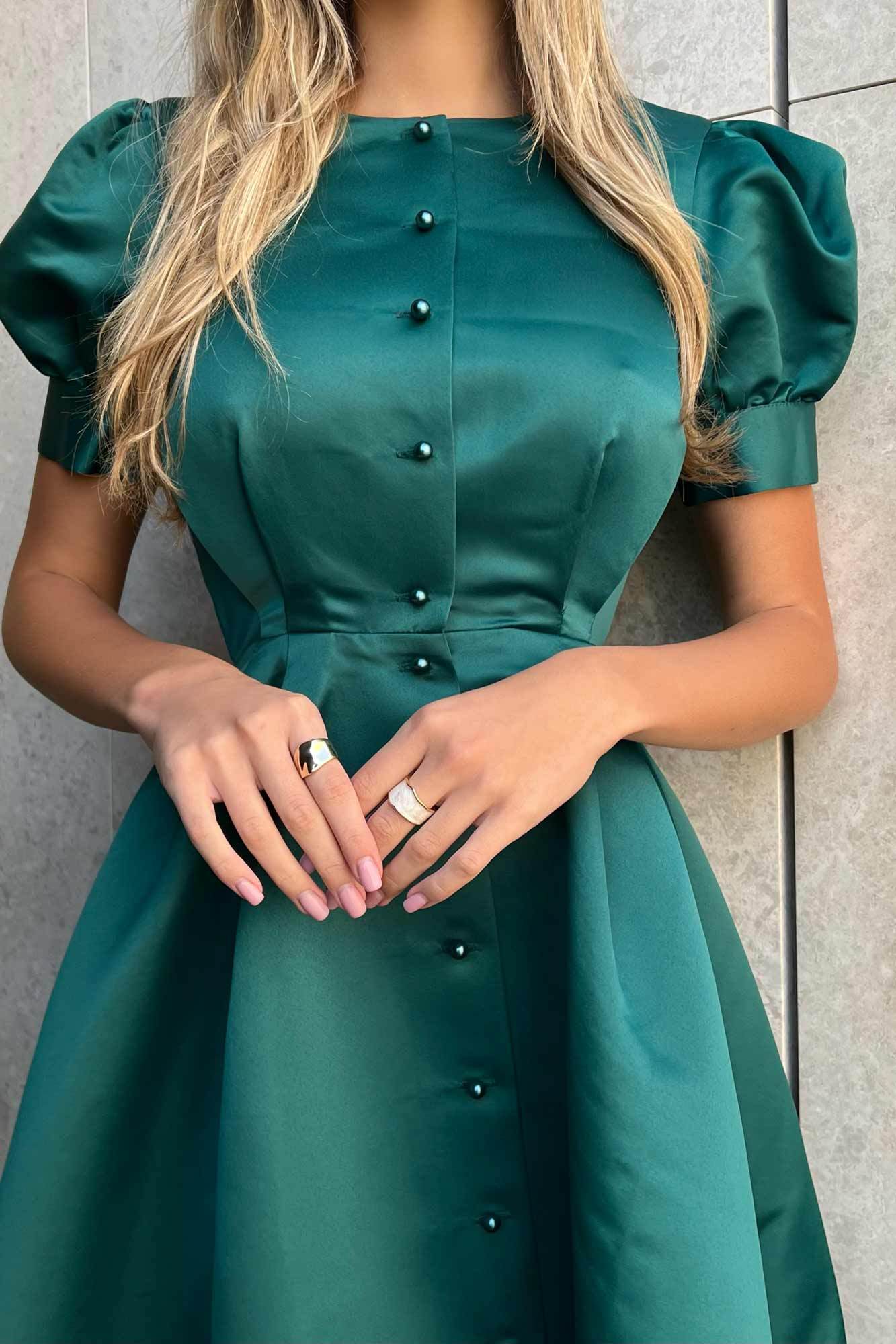 Solid Color Short Sleeves Button Front Midi Dress