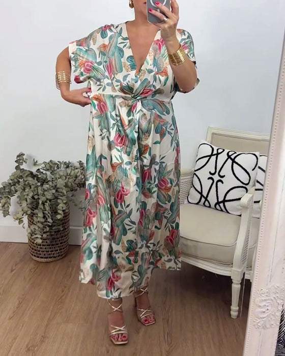 Elegantes Maxikleid mit V-Ausschnitt und botanischem Print 