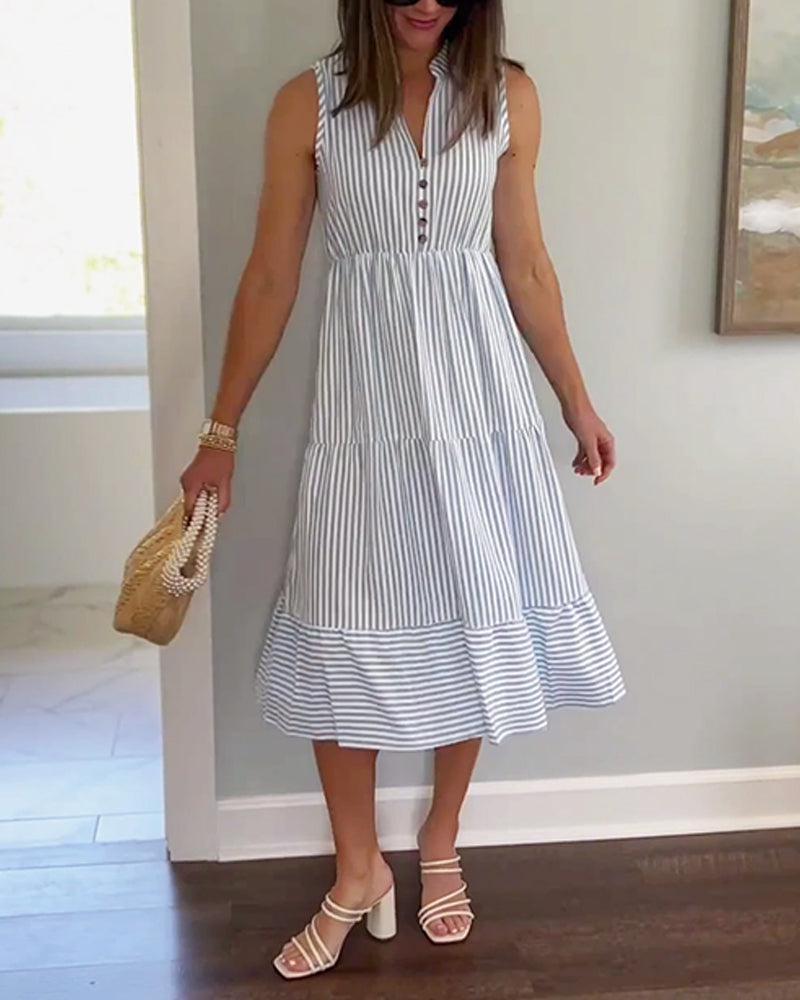 Trendy Striped Print V-Neck Midi Dress