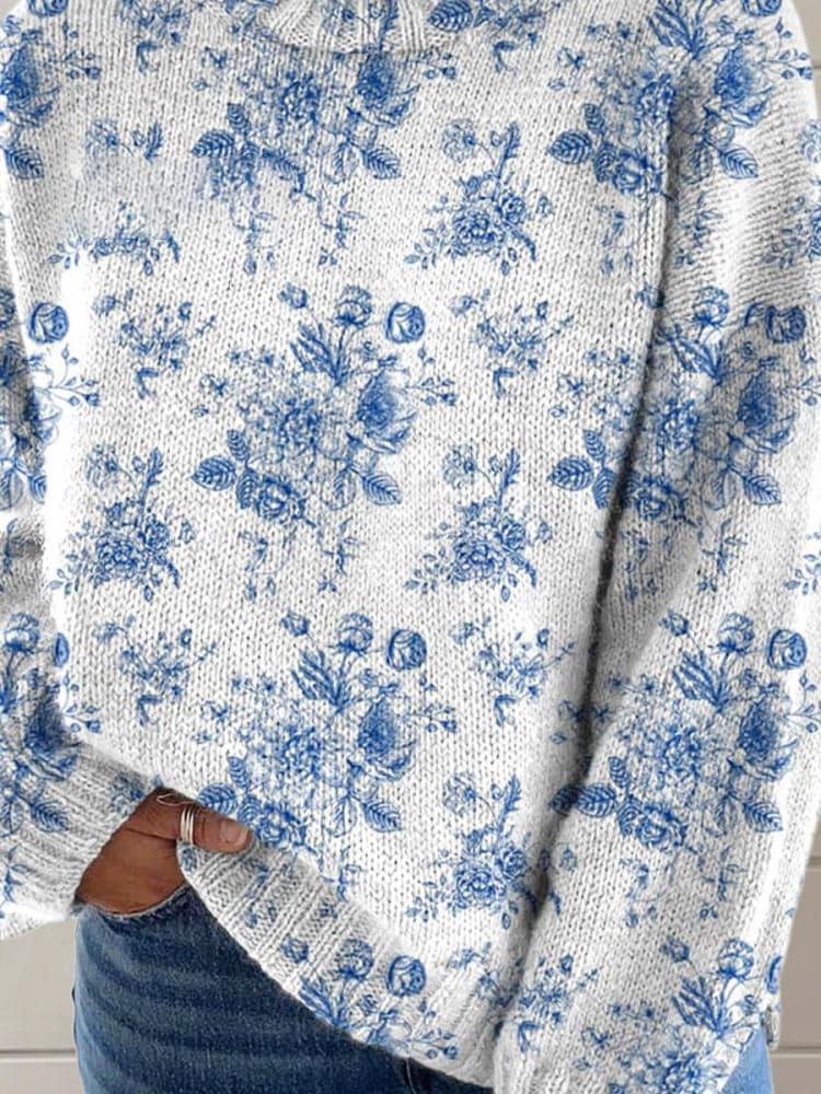 Lovely Floral Pattern Art Print Knit High Neck Sweater