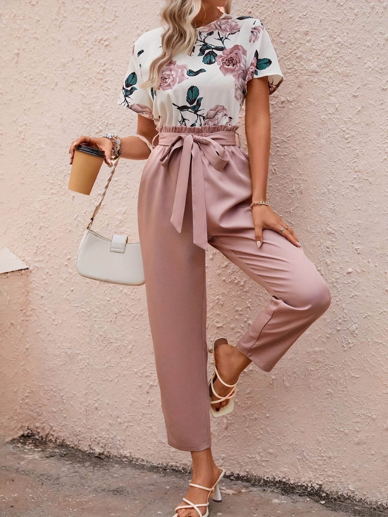 Elegant Floral Print Short Sleeve Two Piece Set