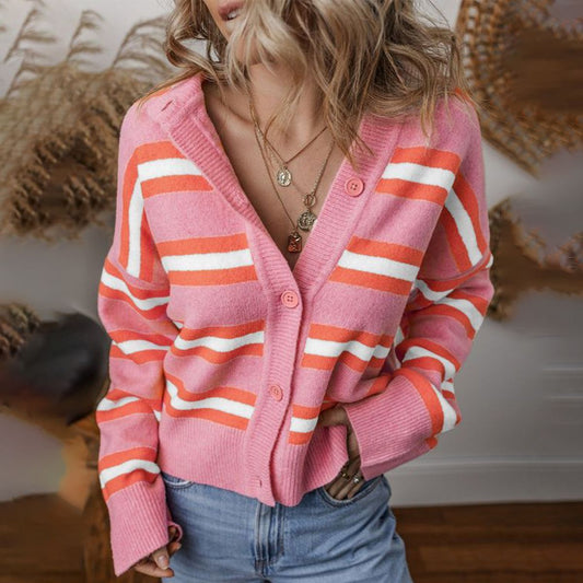 Sweet Striped Print V-Neck Long Sleeve Sweater