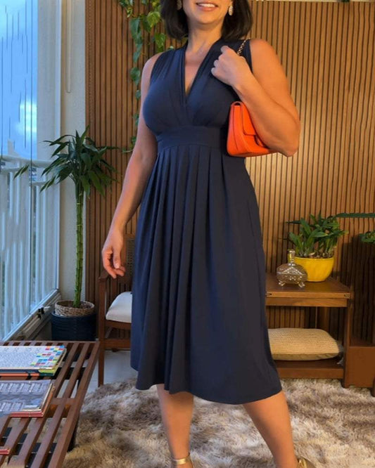 V-neck sleeveless fitted waist Midi Dress