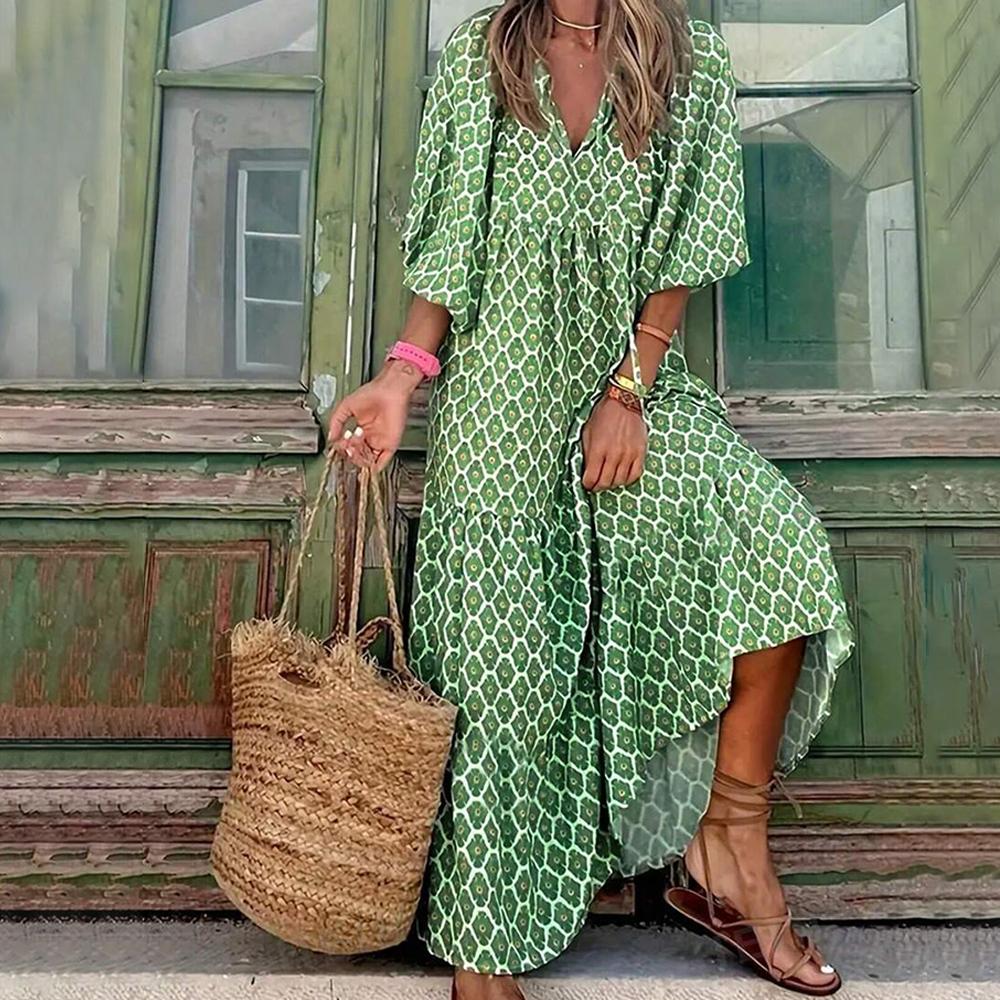 Fresh V-Neck 3/4 Sleeve Maxi Dress