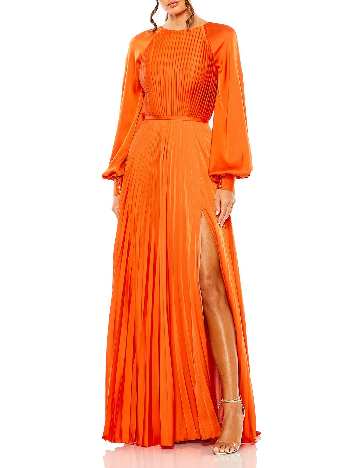 Pleated Round Neck Raglan Long Sleeve Maxi Dress