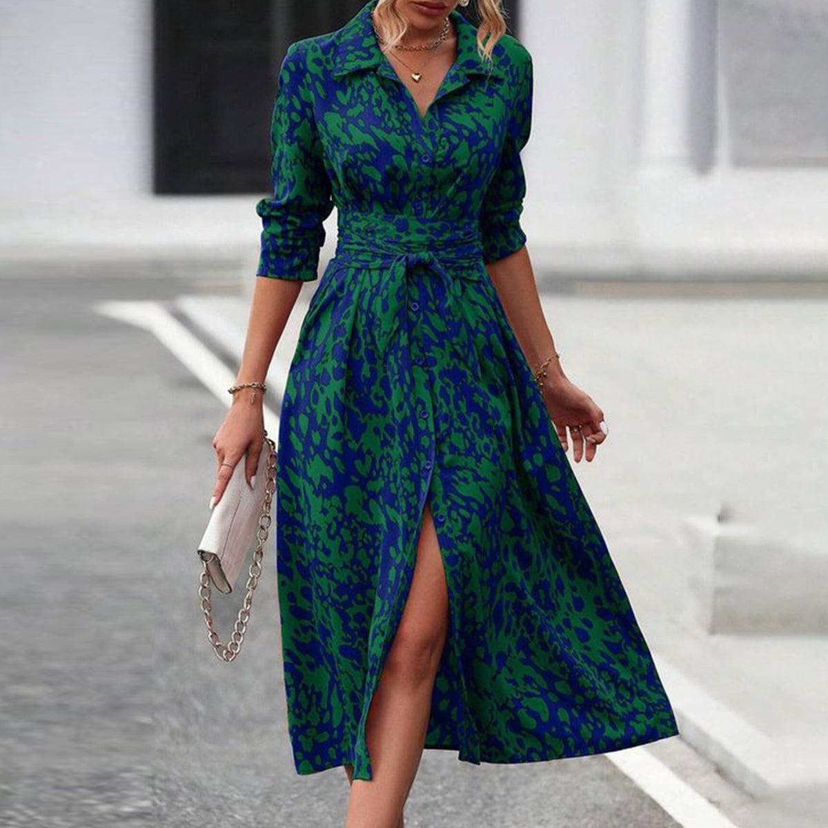 Green Collared Long Sleeve Midi Dress