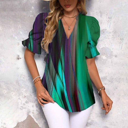 Green V-Neck Short Sleeve Top