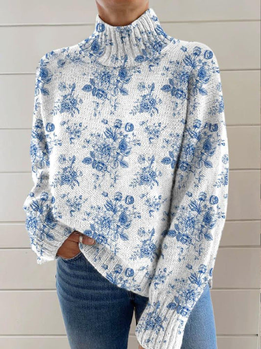 Lovely Floral Pattern Art Print Knit High Neck Sweater