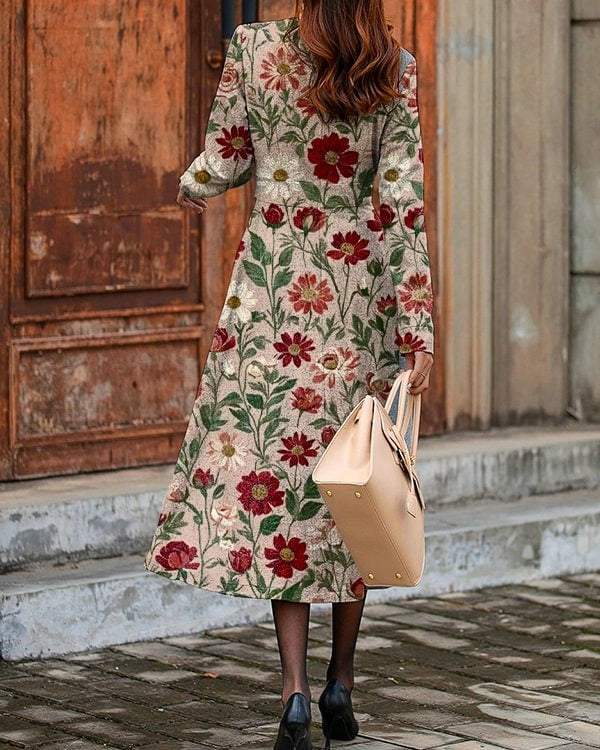 Chic Floral Print Round Neck Long Sleeve Midi Dress