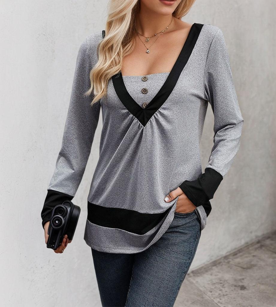 Grey Long Sleeve Color Block Top