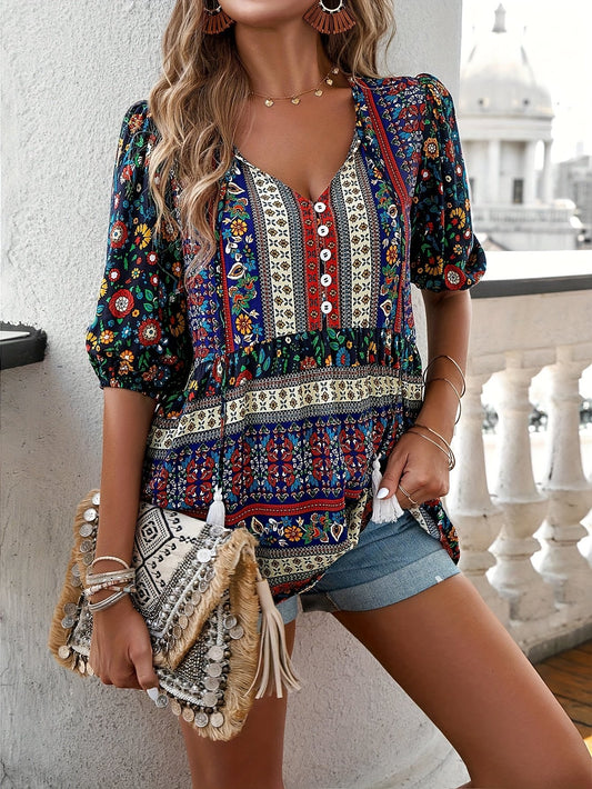 Elegant Floral Print Half Sleeve Top