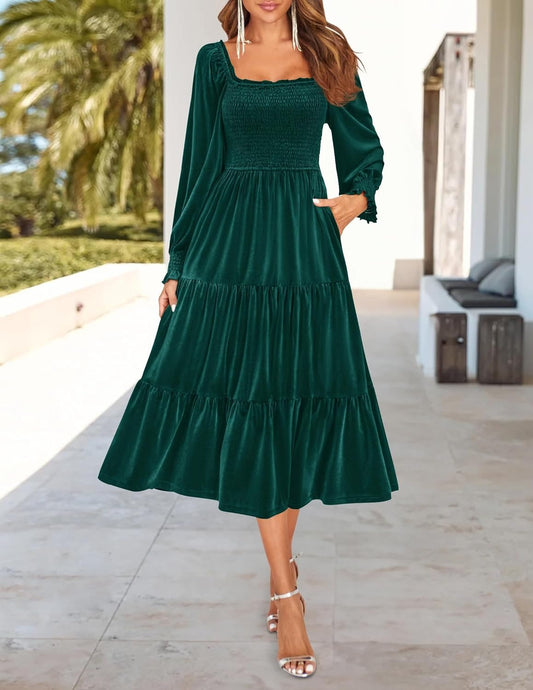 Chic Velvet Long Sleeve Pockets Midi Dress