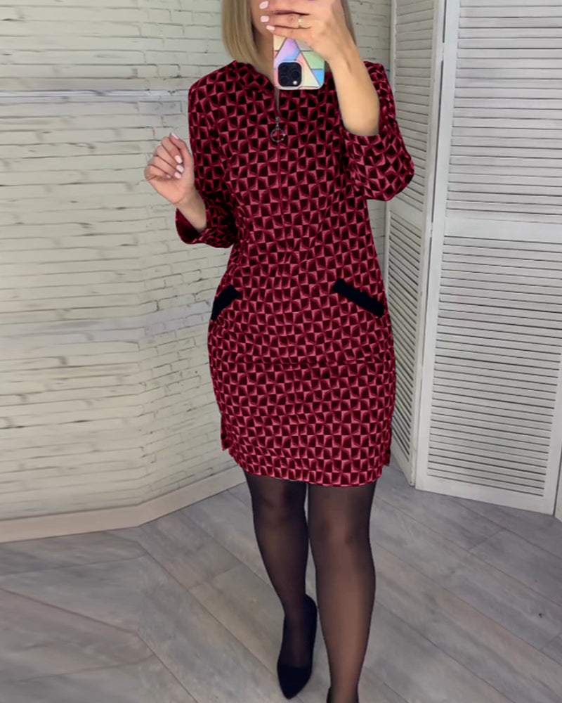 Diamond Print Long Sleeves Dress