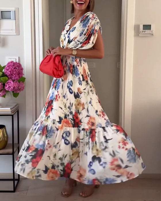 Elegant Floral Pleated Maxi Dress