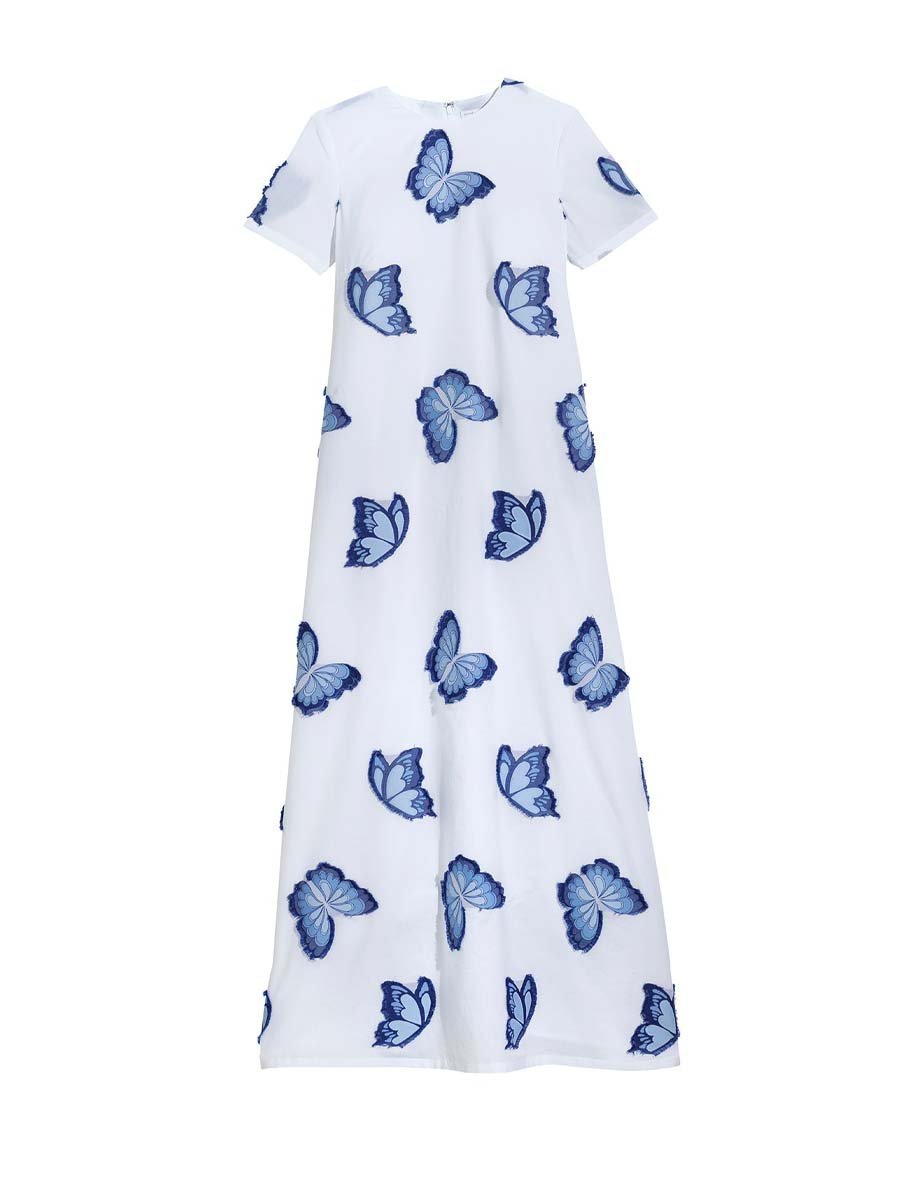 Round Neck Short Sleeve Cotton Butterfly Maxi Dress