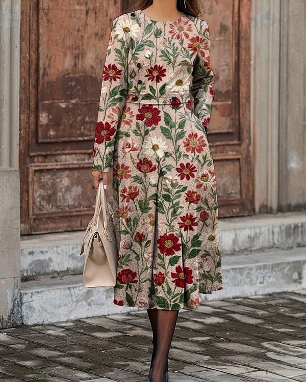 Chic Floral Print Round Neck Long Sleeve Midi Dress