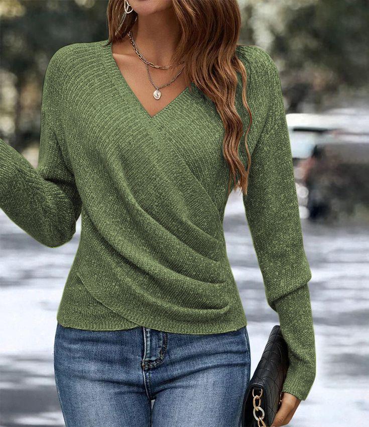 Green Plain V-Neck Long Sleeve Sweater