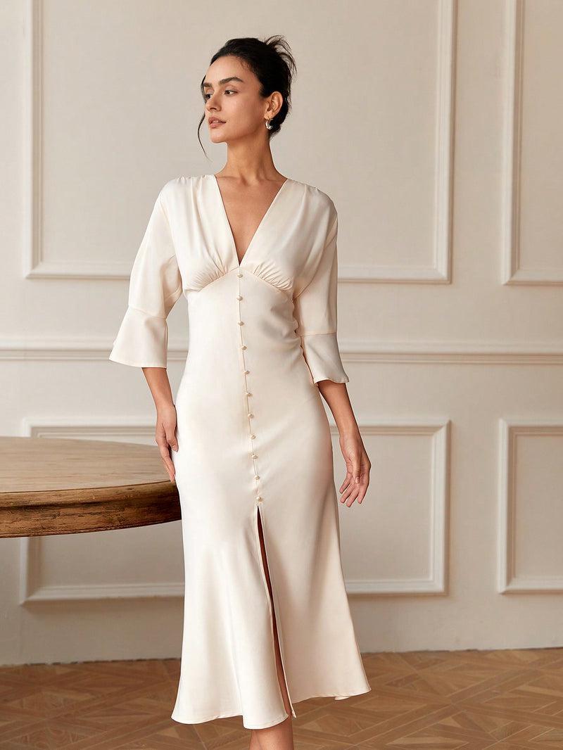 Vintage Plain V-Neck Long Sleeve Maxi Dress