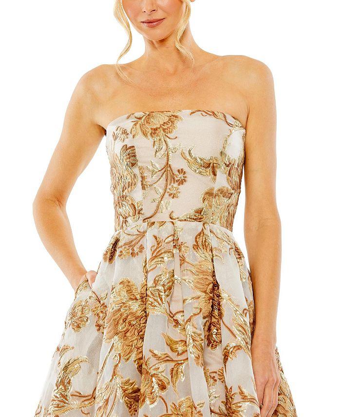 Strapless Brocade Pockets Detail Midi Dress