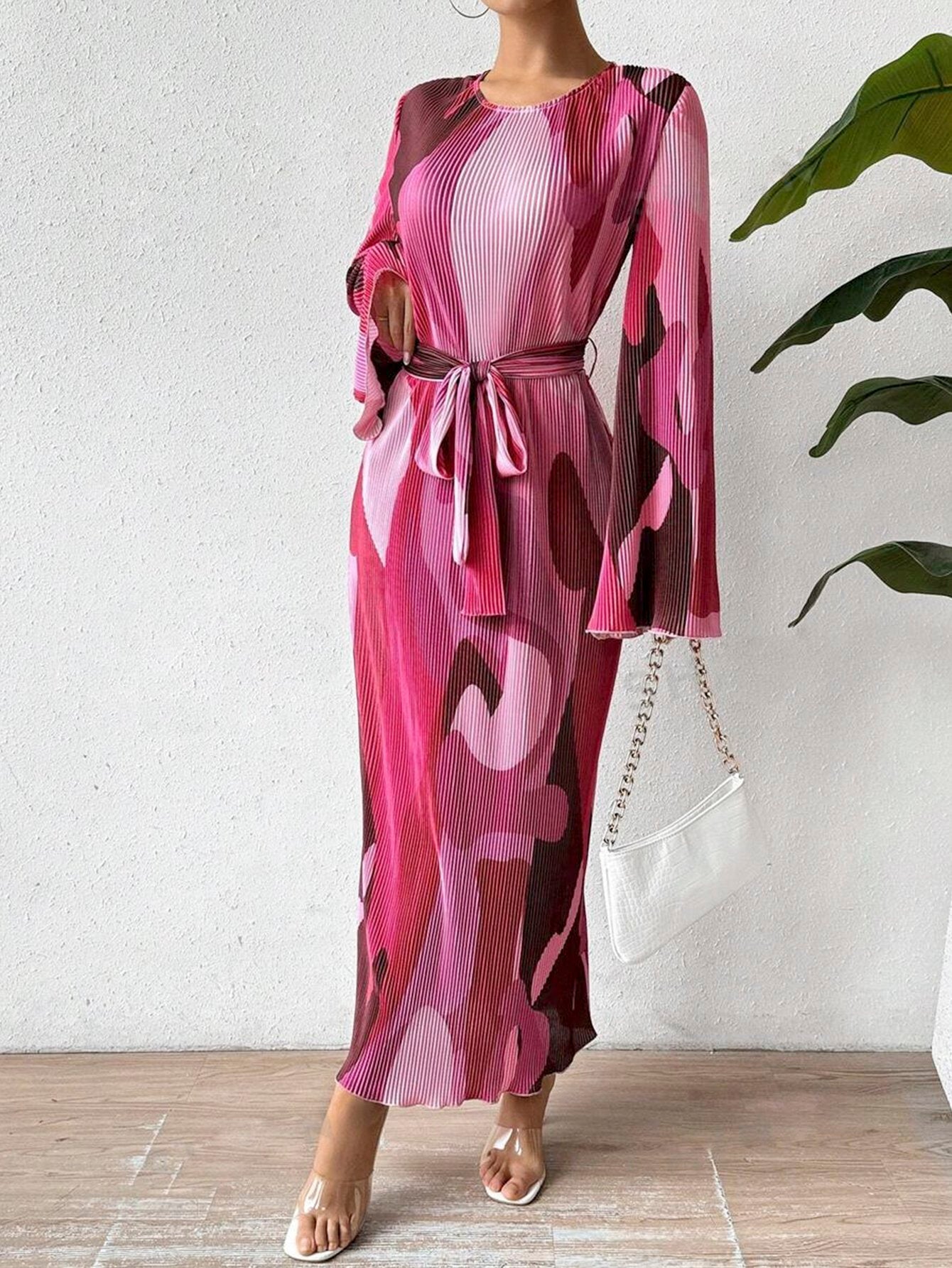 Bell Sleeve Tie Waist Floral Print Maxi Dress