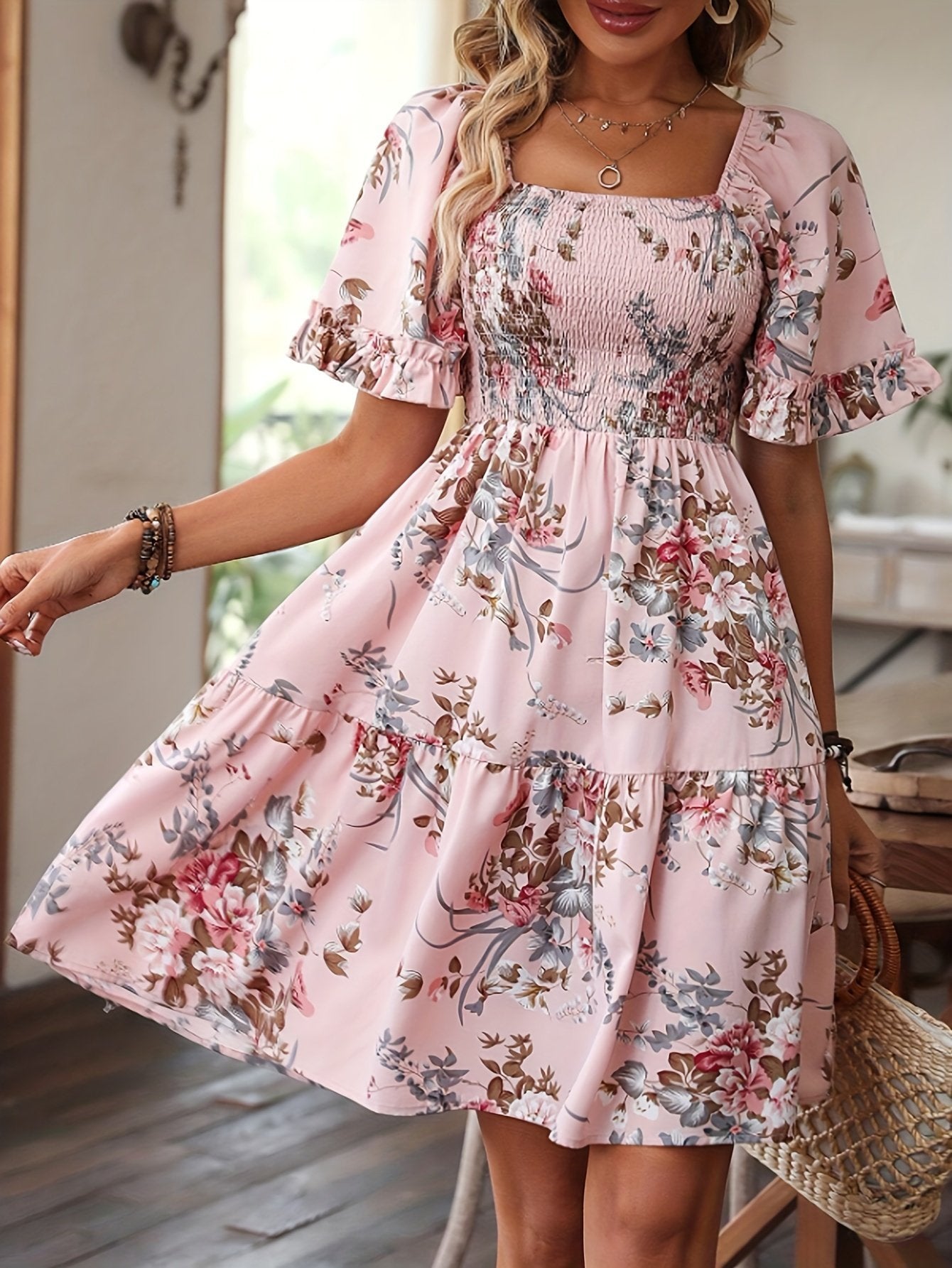 Pink Charming Floral Print Short Sleeve Mini Dress