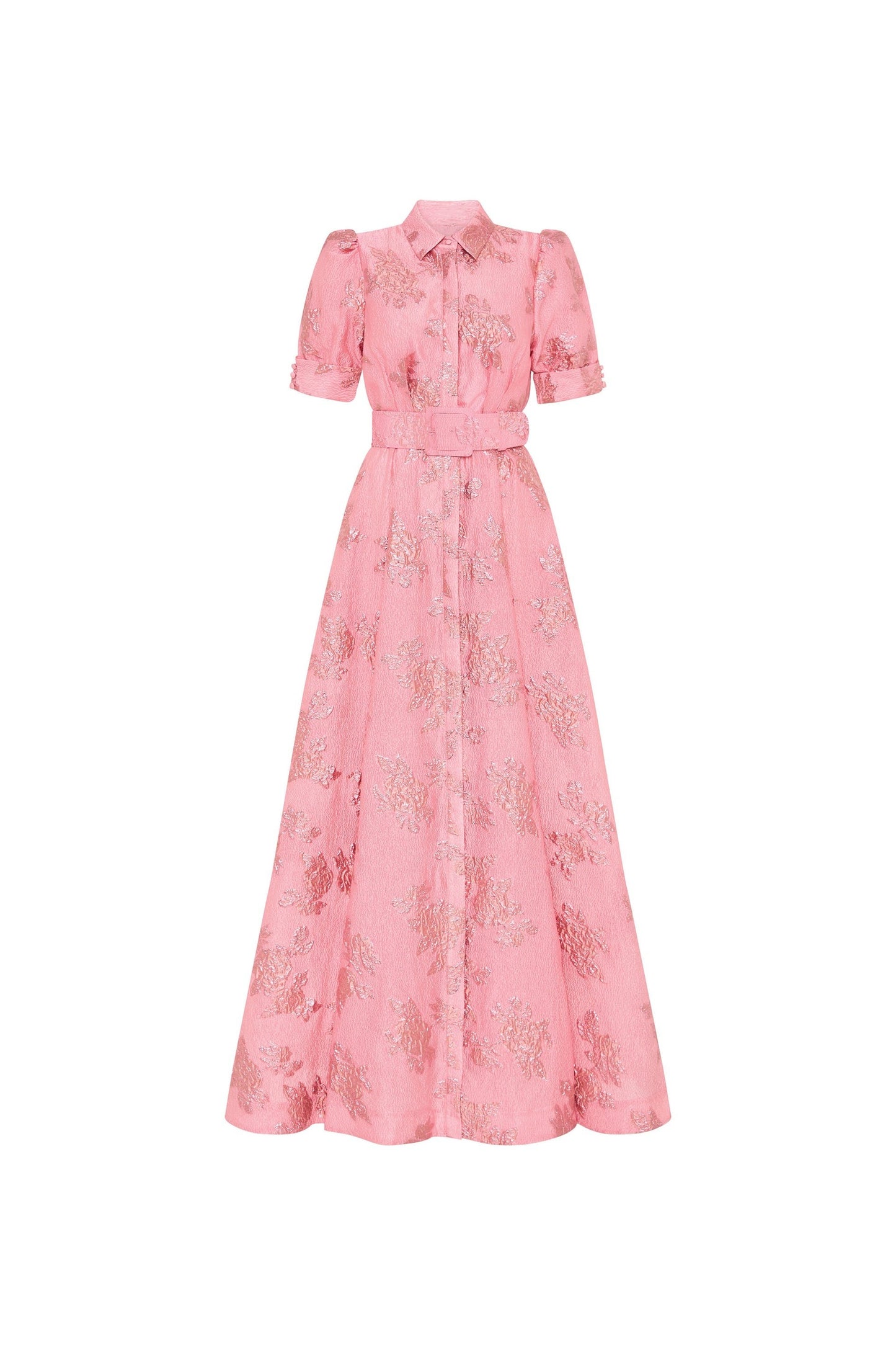 Pink Waist-cinching Button-down Maxi Dress