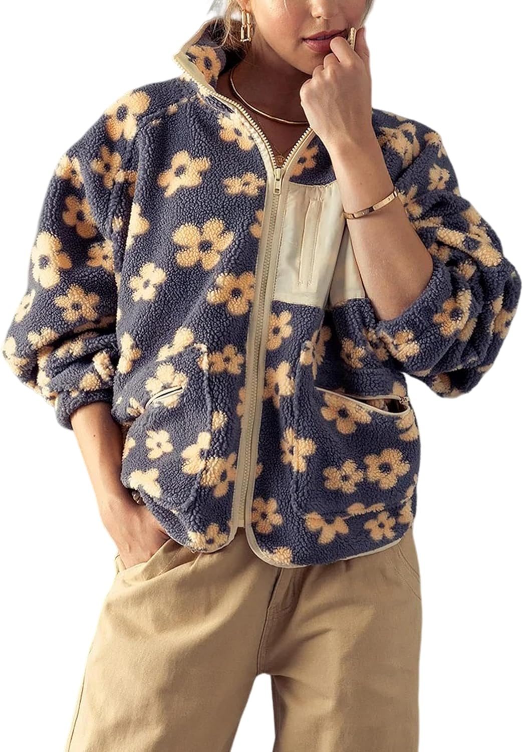 Trendy Stand Collar Zip-Up Fleece Floral Jacket