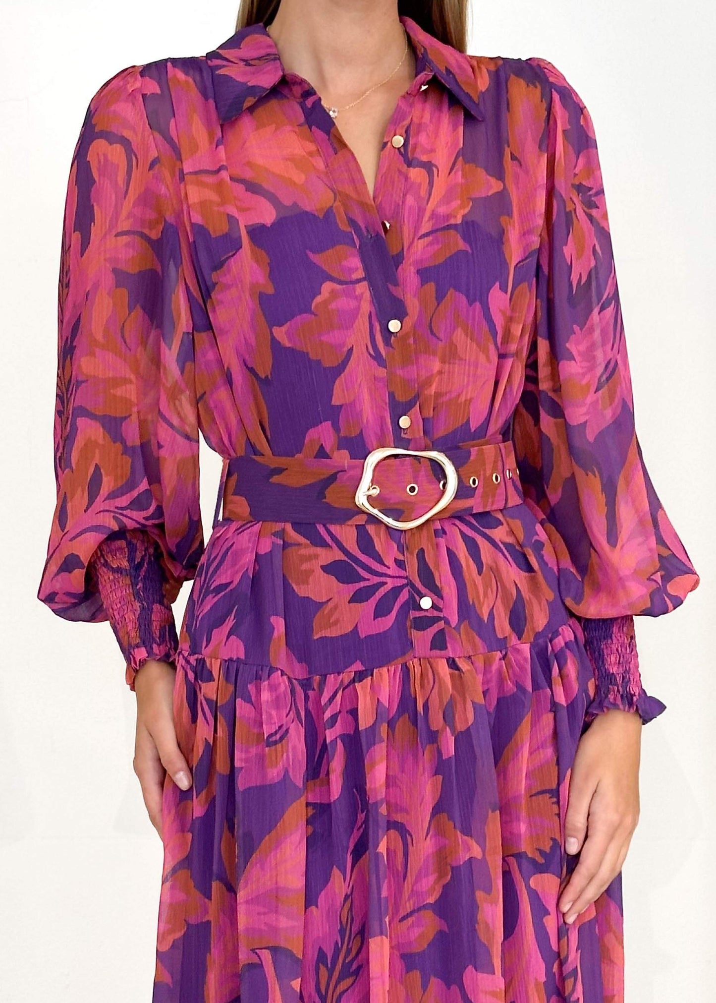 Elegant Magenta Floral Long sleeve Maxi Dress