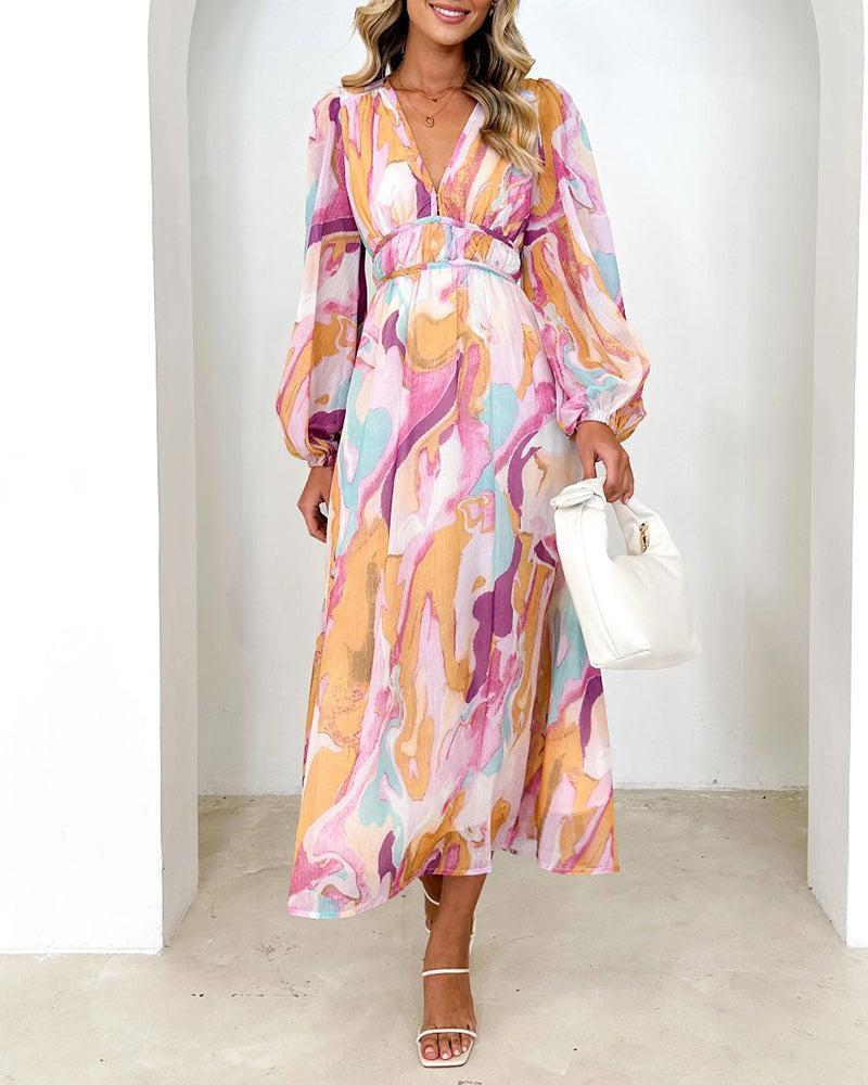 Chic Multicolor Long Sleeve Maxi Dress