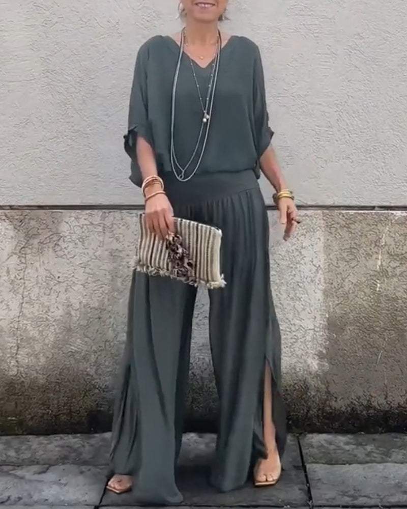 Casual Solid Color V-Neck Two-Piece Set