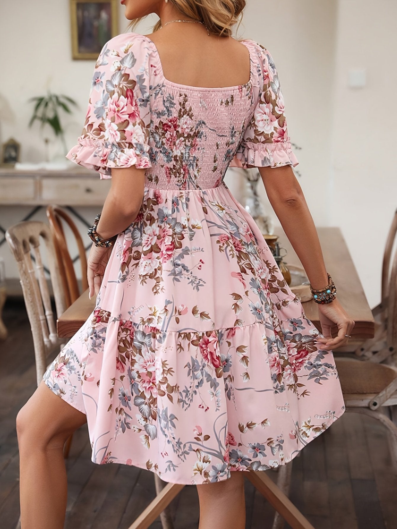 Pink Charming Floral Print Short Sleeve Mini Dress