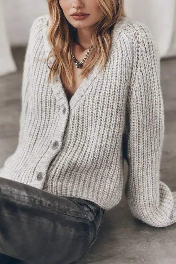 Grey Plain V-Neck Long Sleeve Sweater