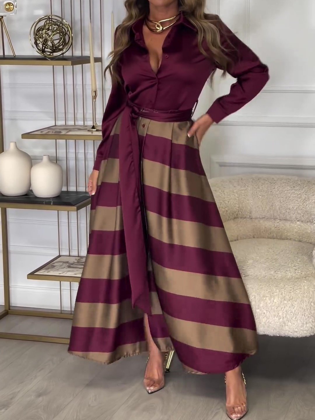 Burgundy Patchwork Shirt Maxi Dress