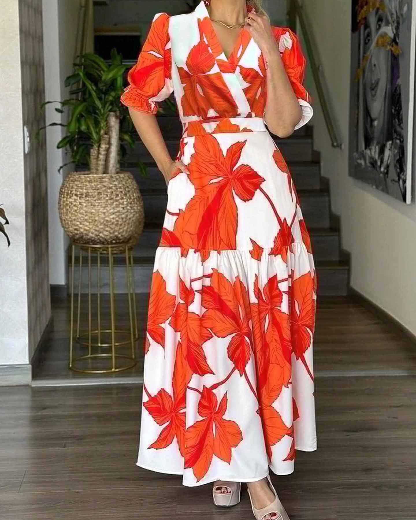 Stunning Short Sleeve Orange Maxi Dress