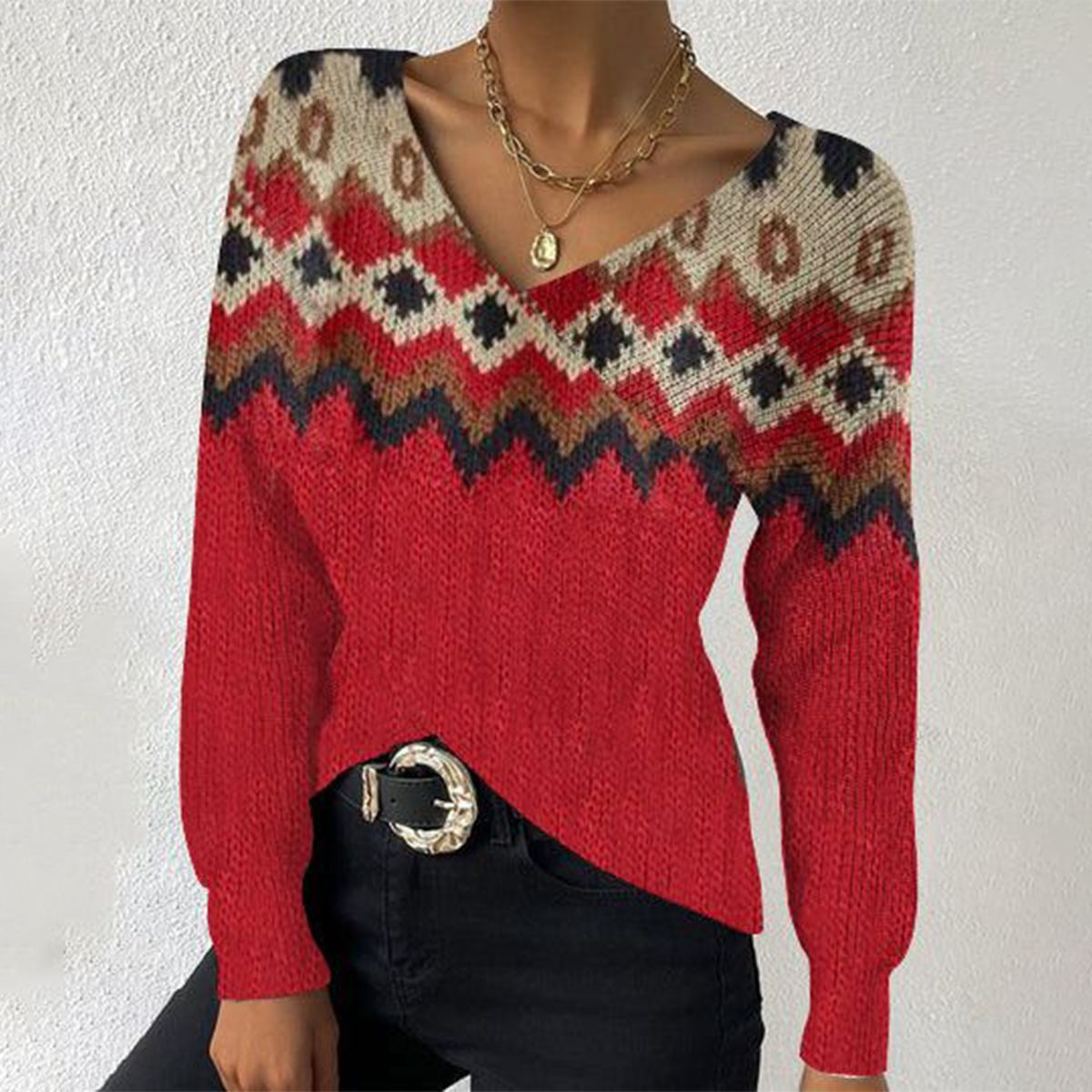 Showy Red V-Neck Sweater