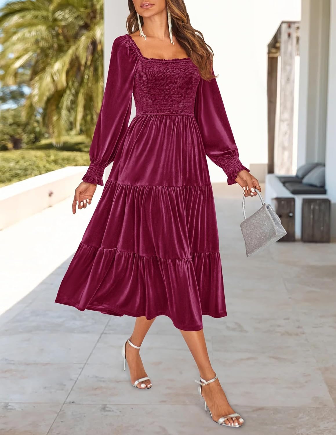 Chic Velvet Long Sleeve Pockets Midi Dress