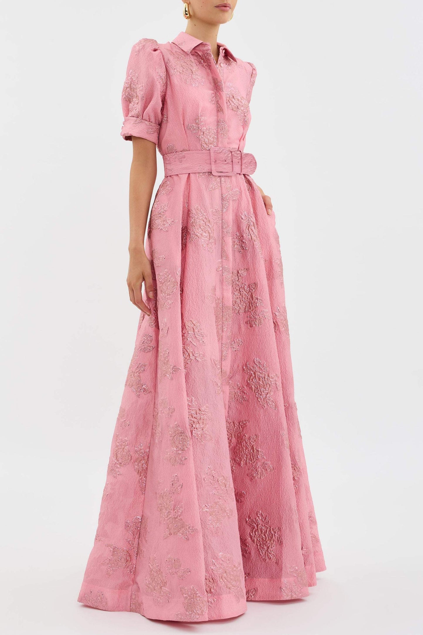 Pink Waist-cinching Button-down Maxi Dress