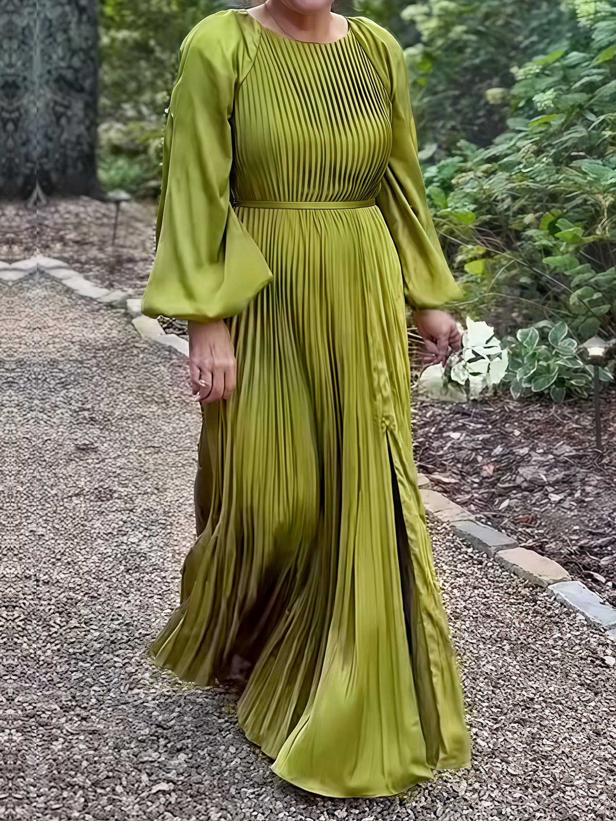 Pleated Round Neck Raglan Long Sleeve Maxi Dress