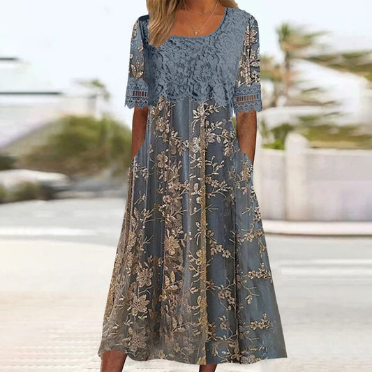 Popular Side Pocket Round Neck Midi Dress