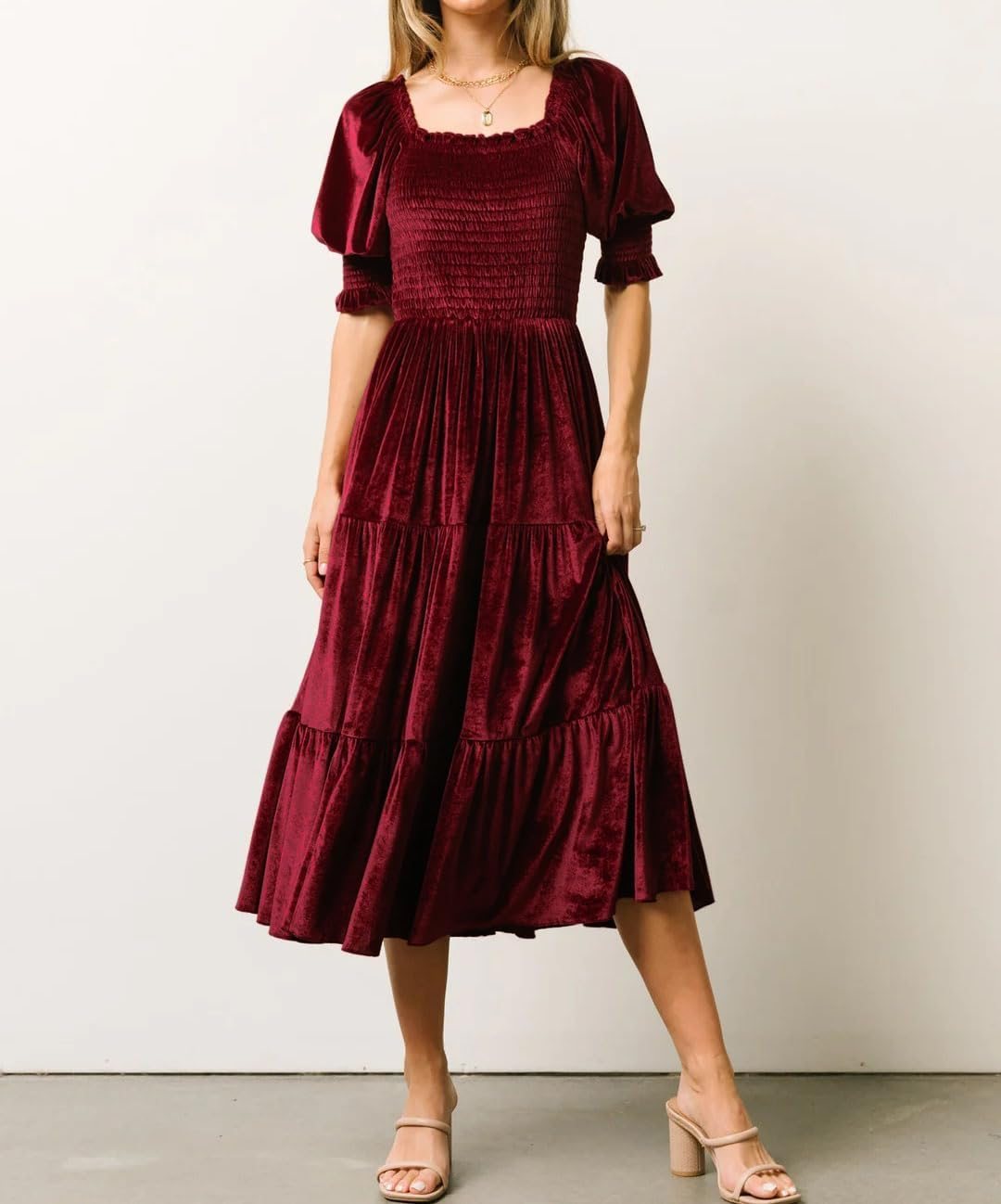 Puff Sleeve Square Neck Smocked Tiered Ruffle Midi Dress