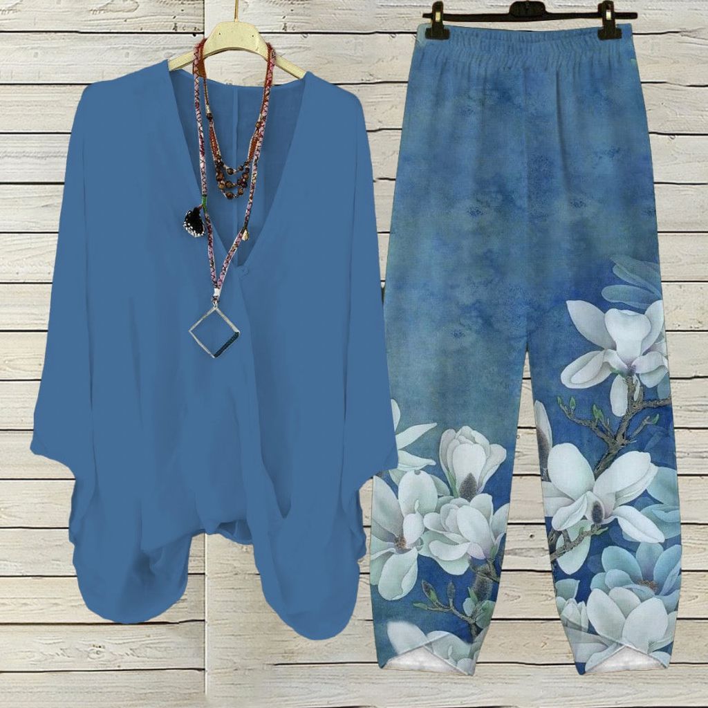 Youthful Blue Floral Print Two Piece Set