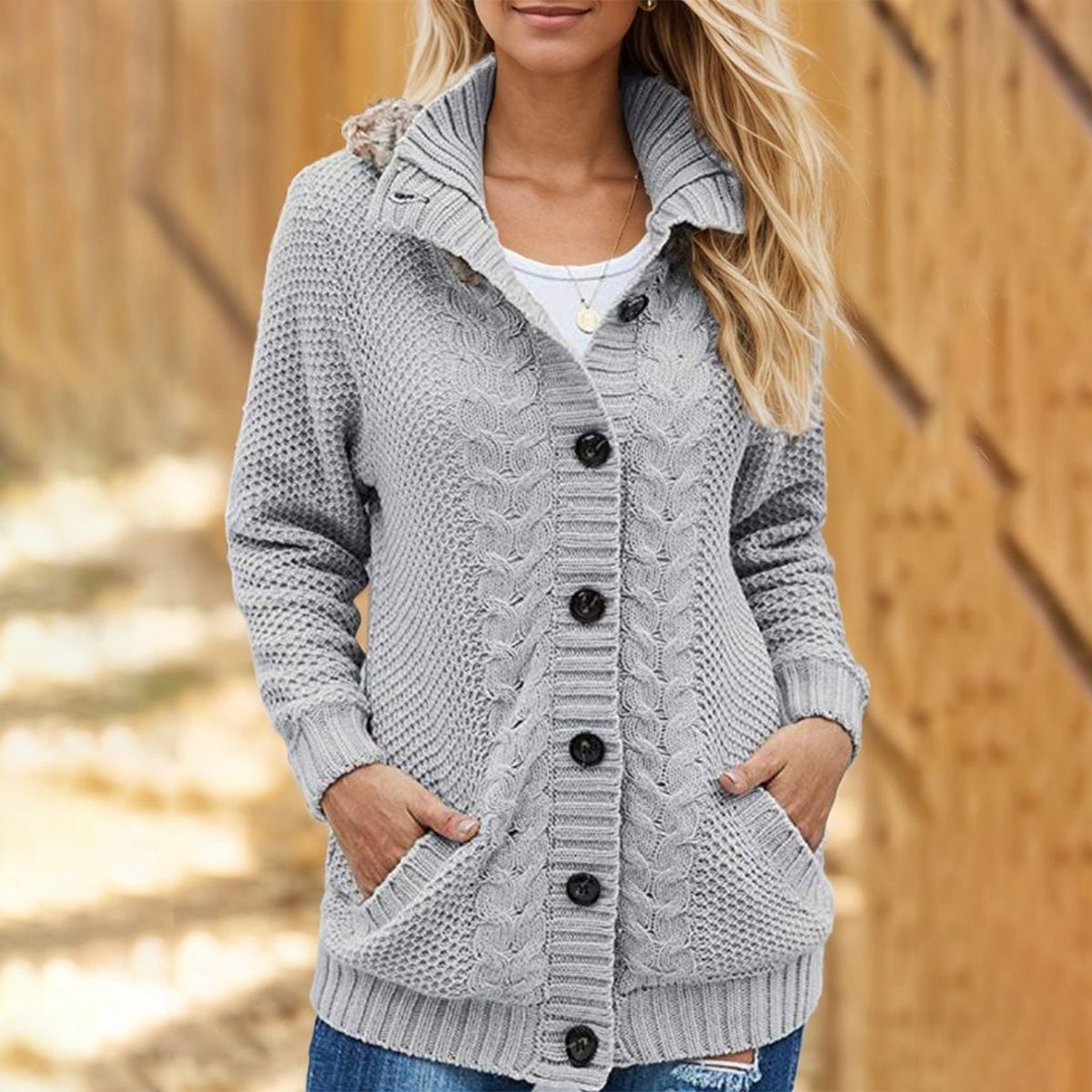 Grey Plain Collared Long Sleeve Cardigan