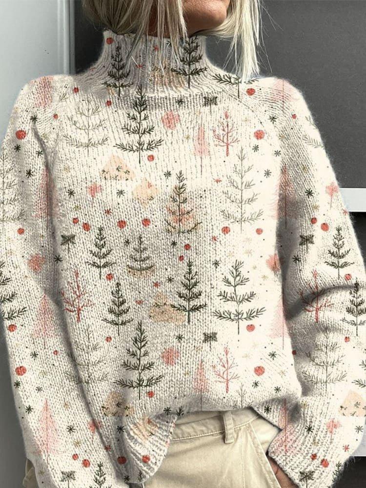 Elegant Plant Print High Neck Long Sleeve Sweater