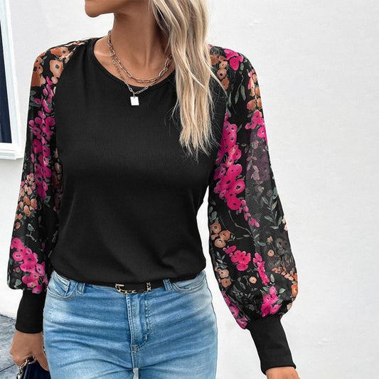 Trendy Floral Print Round Neck Long Sleeve Top