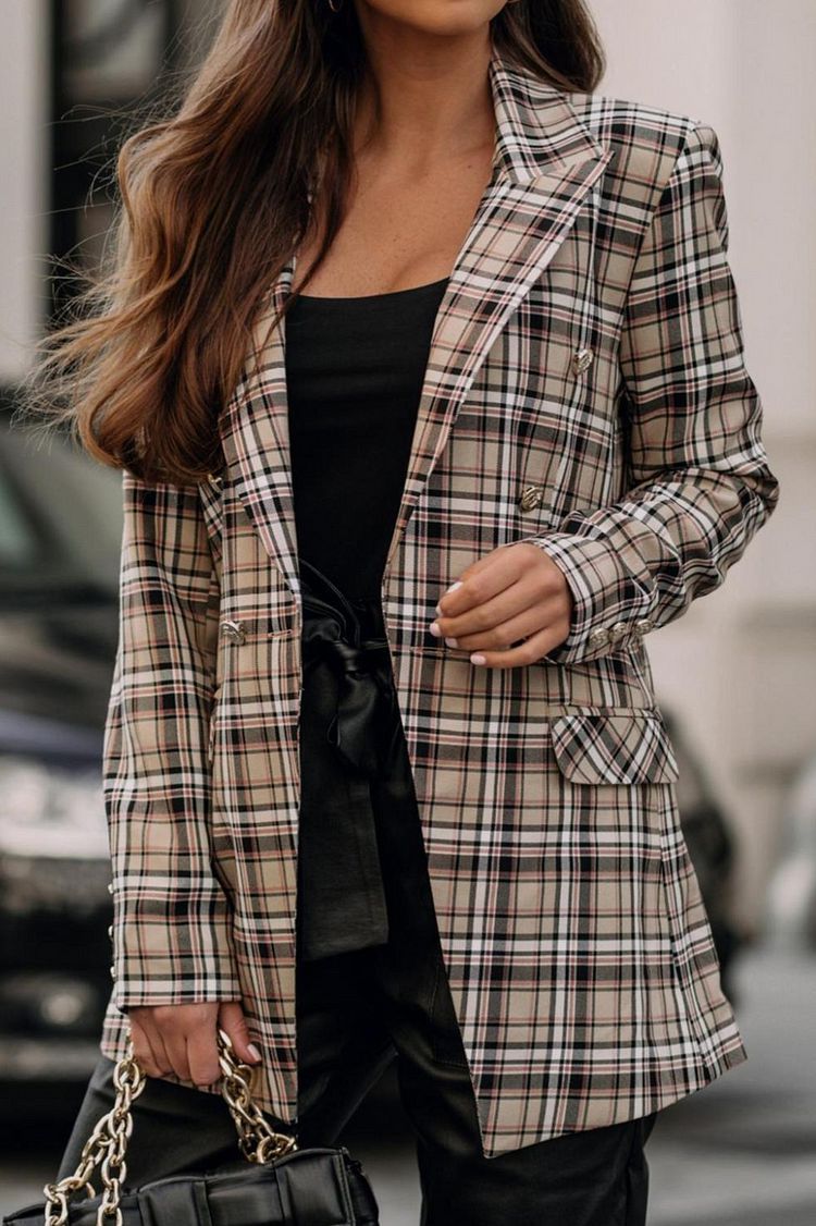 Brown Lapel Long Sleeve Plaid Outerwear