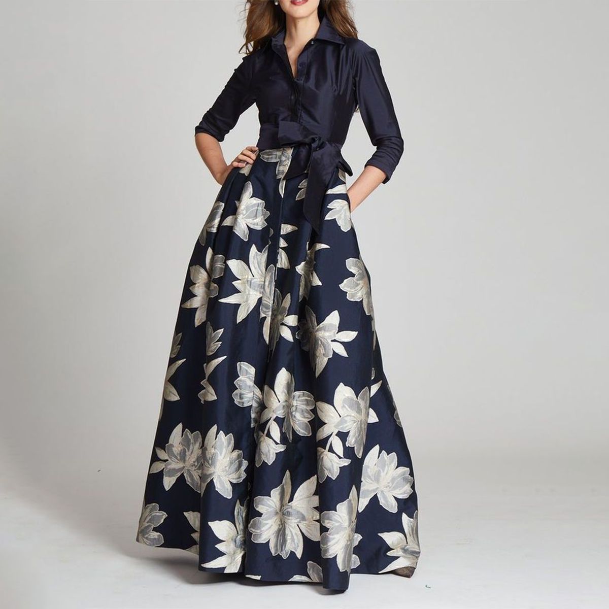 Navy Long Sleeve V-Neck Maxi Dress