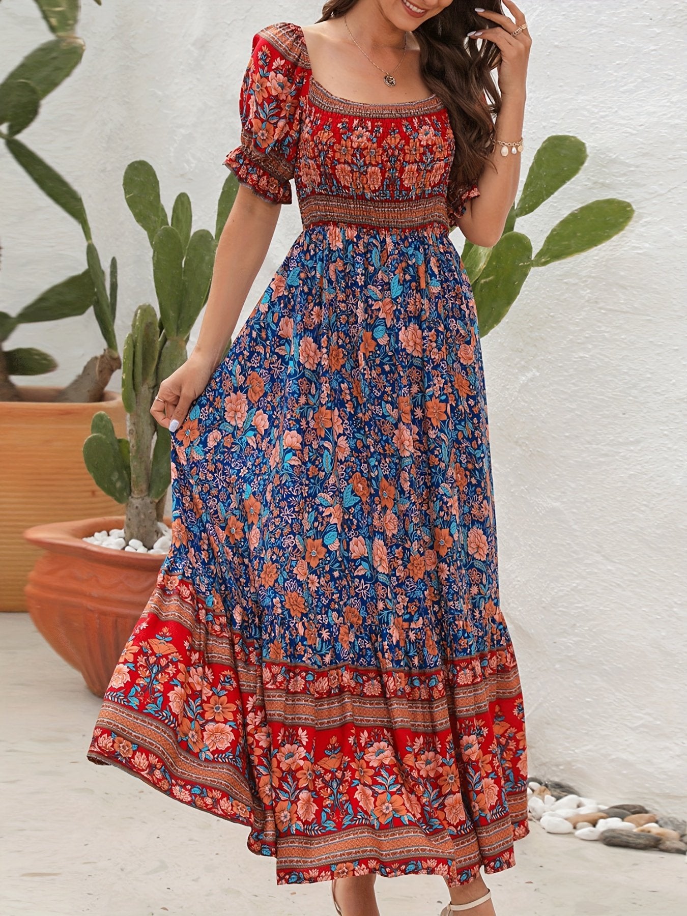 Chic  Floral Print Off Shoulder Maxi Dress